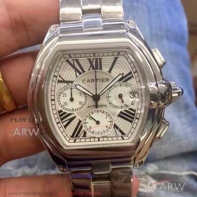 Perfect Replica Roadster DE Cartier Stainless Steel White Chronograph Watch